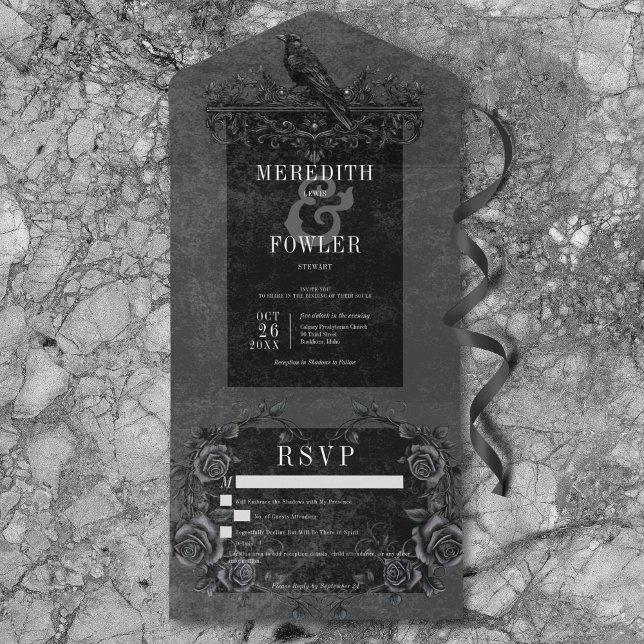 Gothic Black Raven & Black Rose Details Kein Abend All In One Einladung (Gothic Black Raven & Black Roses Details No Dinner All In One Invitation)