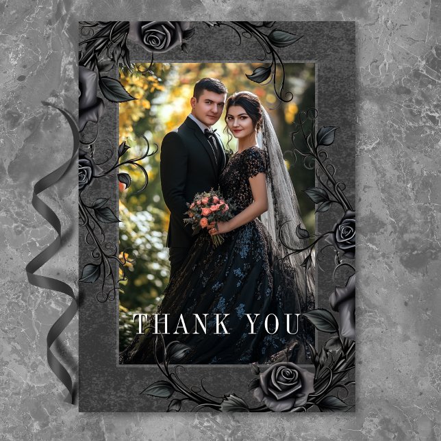 Gothic Black Raven & Black Rose Foto Hochzeit Dankeskarte (Von Creator hochgeladen)