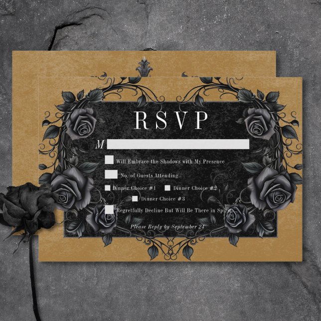 Gothic Black Raven & Black Rose Gold Dinner RSVP Karte (Gothic Black Raven & Black Roses Gold Dinner RSVP Card)