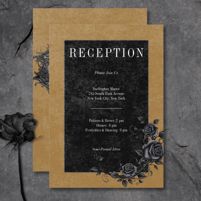 Gothic Black Raven & Black Rose Gold Empfang Begleitkarte (Gothic Black Raven & Black Roses Gold Reception Enclosure Card)