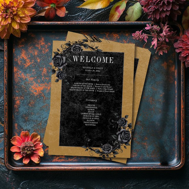 Gothic Black Raven & Black Rose Gold Wedding Programm (Von Creator hochgeladen)