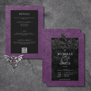 Gothic Black Raven & Black Rose Lila Einladung