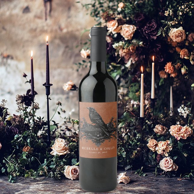 Gothic Black Raven & Black Rose Rust Wedding Weinetikett (Von Creator hochgeladen)