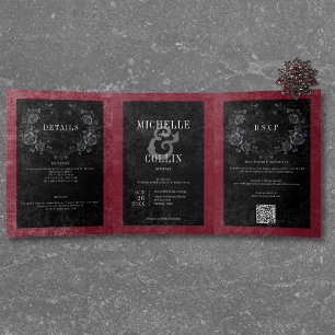 Gothic Black Raven & Black Rose Weinhochzeit Dreifach Gefaltete Einladung