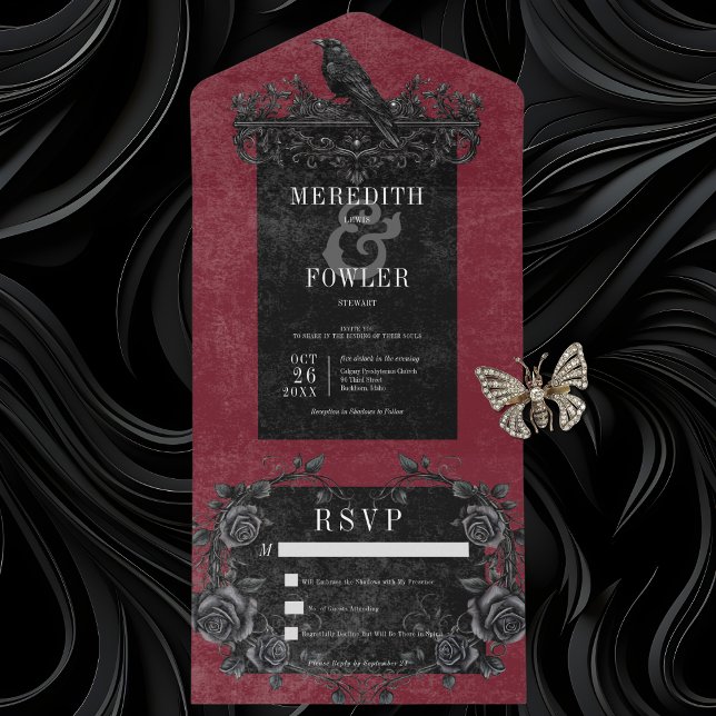 Gothic Black Raven & Black Rose Wine No Dinner All In One Einladung (Gothic Black Raven & Black Roses All In One Wedding Invitation without Dinner Options)