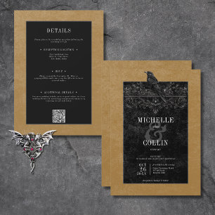 Gothic Black Raven & Black Roses Gold Zweifarbig Einladung