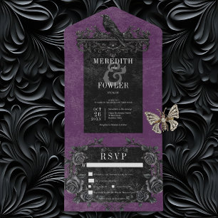 Gothic Black Raven & Black Roses Lila Dinner All In One Einladung