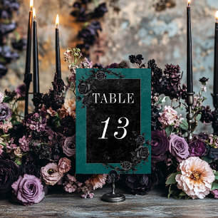Gothic Black Raven & Black Roses Türkise Hochzeit Tischnummer