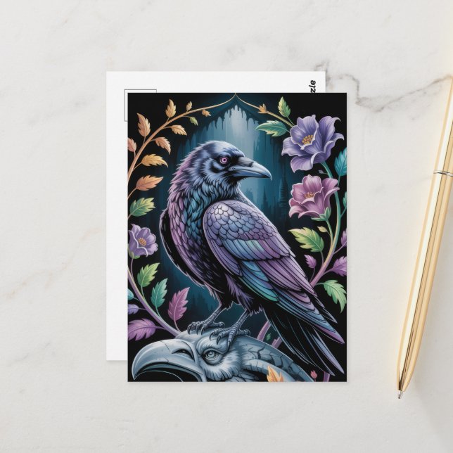 Gothic Black Raven mit Florals Postkarte (Vorderseite/Rückseite Beispiel)