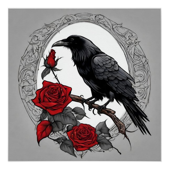 Gothic Black Raven mit Rote Rosen Poster (Vorderseite)