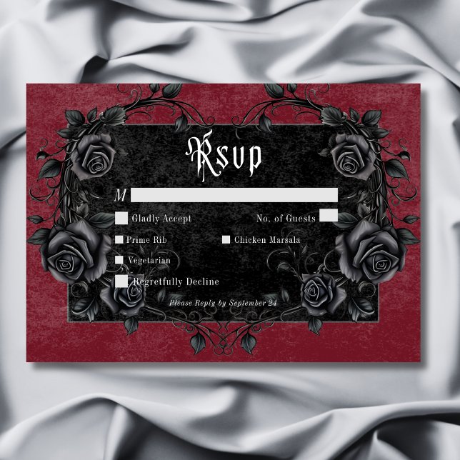 Gothic Black Raven & Rose Abendessen RSVP Karte (Gothic Black Raven & Roses Wine Dinner RSVP Card)
