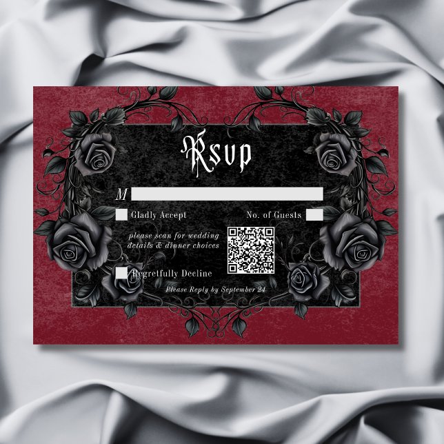 Gothic Black Raven & Rose Burgund QR Code RSVP Karte (Gothic Black Raven & Roses Burgundy QR Code RSVP Card)