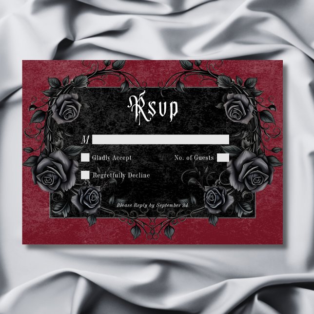 Gothic Black Raven & Rose Burgundy No Dinner RSVP Karte (Gothic Black Raven & Roses Burgundy No Dinner RSVP Card)