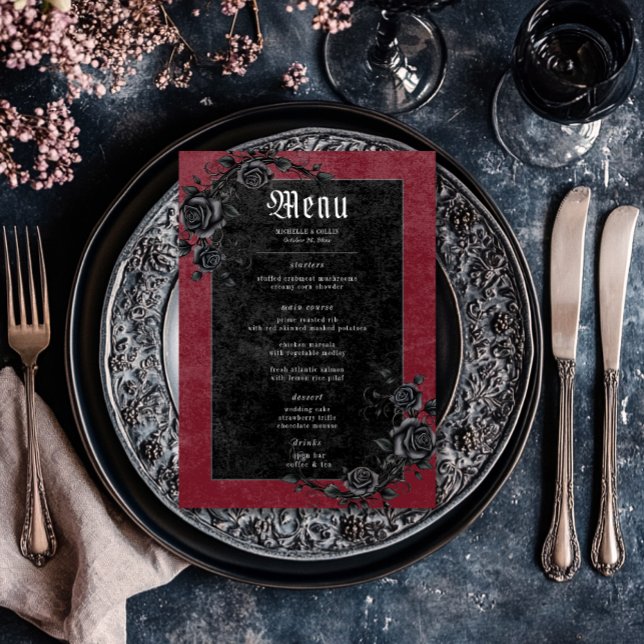Gothic Black Raven & Rose Hochzeit Menükarte (Gothic Black Raven & Roses Wine Wedding Menu)