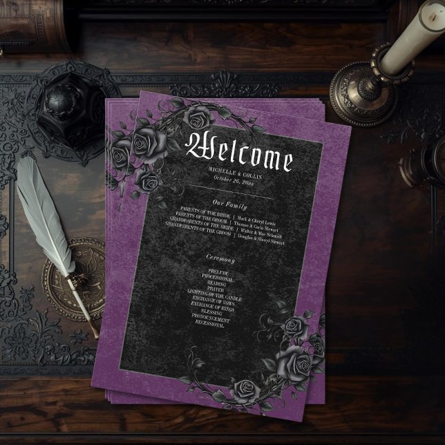 Gothic Black Raven & Rose Lila Hochzeit Programm (Von Creator hochgeladen)