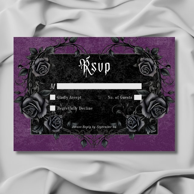 Gothic Black Raven & Rose Lila Kein Abendessen RSVP Karte (Gothic Black Raven & Roses Purple No Dinner RSVP Card)