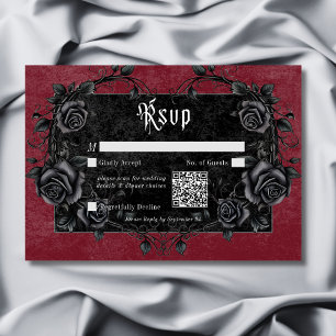 Gothic Black Raven & Roses Burgundy QR-Code RSVP Karte