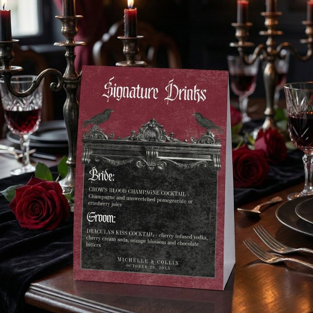 Gothic Black Raven & Roses Burgundy Wedding Drinks Tischaufsteller (Von Creator hochgeladen)