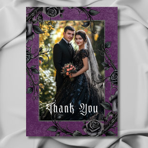 Gothic Black Raven & Roses Lila Foto-Hochzeit Dankeskarte