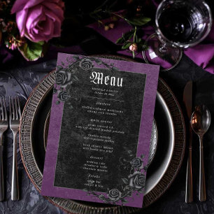 Gothic Black Raven & Roses Lila Hochzeit Menükarte