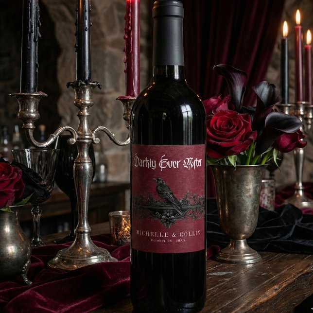 Gothic Black Raven Wine Darkly Ever After Wedding Weinetikett (Von Creator hochgeladen)