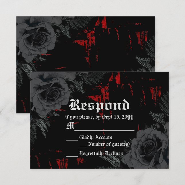 Gothic Black Red Grunge Textured | Schwarze Rose RSVP Karte (Vorne/Hinten)