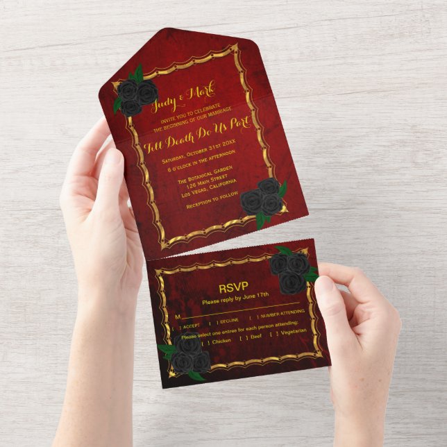 Gothic Black Rose Blood Red Wedding All In One Einladung (Abreißen)