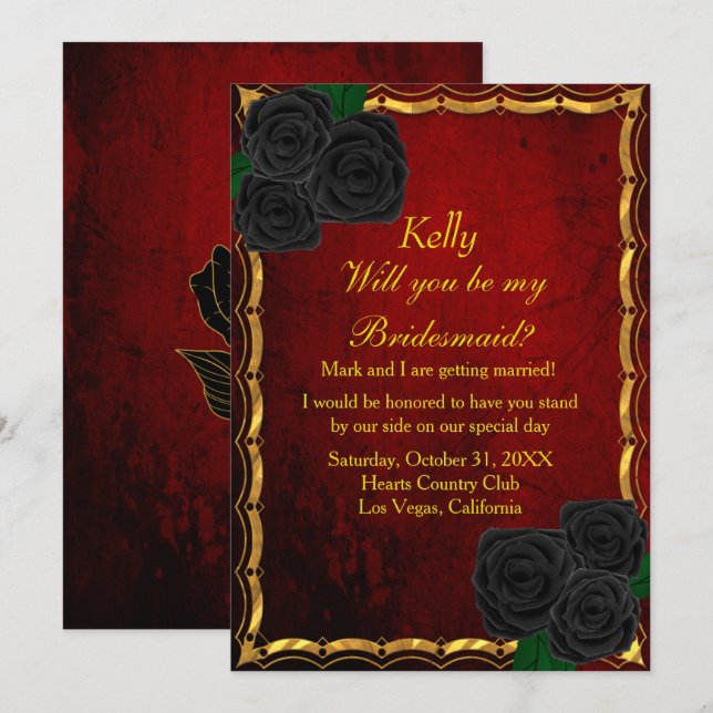 Gothic Black Rose Blood Red Wedding Bridesmaid Einladung (Vorne/Hinten)