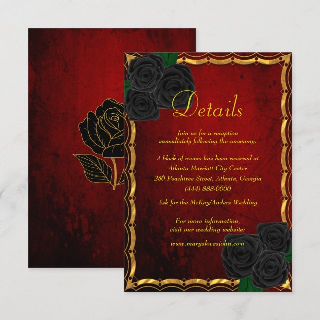 Gothic Black Rose Blood Red Wedding Details Begleitkarte (Vorne/Hinten)