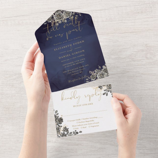 Gothic Black Rose Bloral Gold Script Hochzeit All In One Einladung (Abreißen)