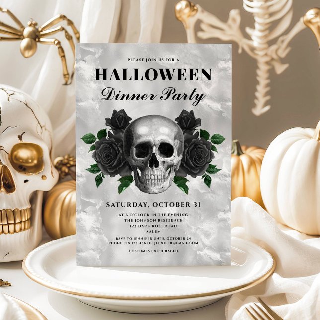 Gothic Black Rose & Skull Halloween Party Einladung (Gothic Black Roses & Skull Halloween Dinner Party Invitation)