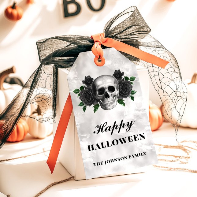 Gothic Black Rose & Skull Happy Halloween Geschenkanhänger (Gothic Black Roses & Skull Happy Halloween Gift Tags)