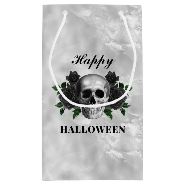 Gothic Black Rose & Skull Happy Halloween Kleine Geschenktüte (Rückseite)