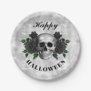 Gothic Black Rose & Skull Happy Halloween Pappteller