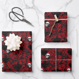 Gothic Black Roses Schwarze Herzen und Totenköpfe Geschenkpapier Set