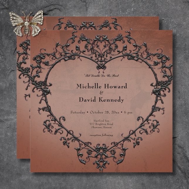 Gothic Black & Rust Filigree Heart Wedding Einladung (Gothic Black & Rust Filigree Heart Wedding Invitation)