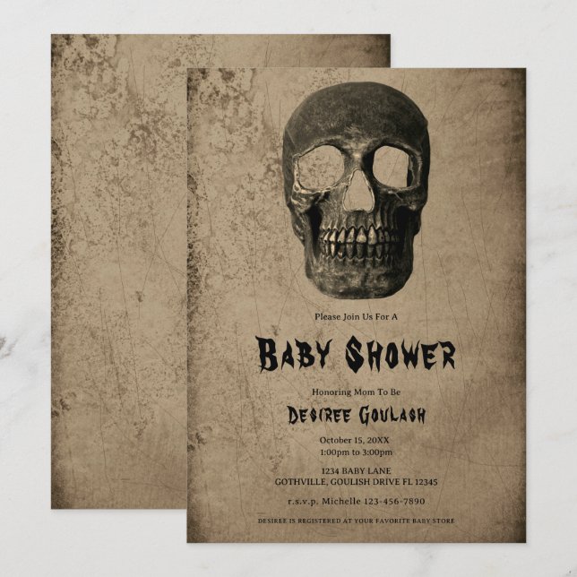 Gothic Black Skull Antique Baby Shower Invitation (Devant / Derrière)