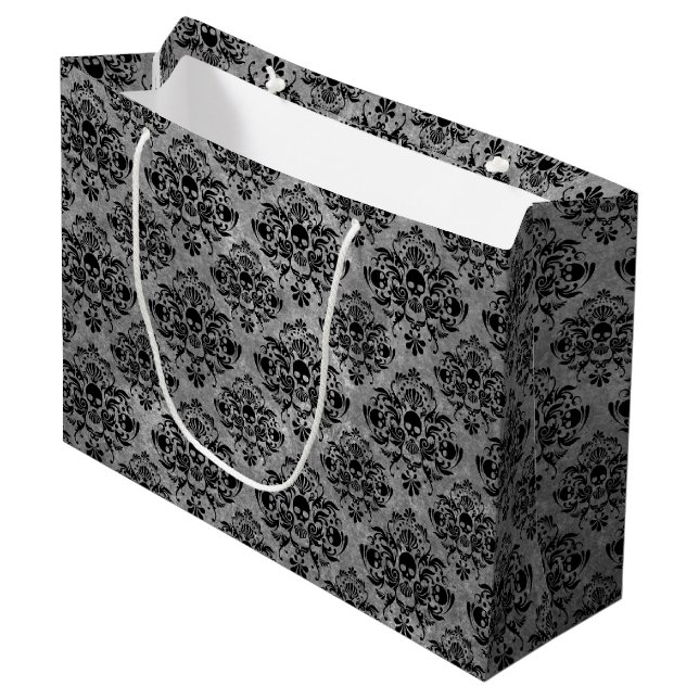 Gothic Black Skull Damask Muster Große Geschenktüte (Vorderseite Schrägansicht)