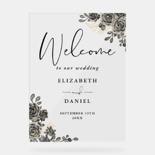 Gothic Black und Gold Blumen Hochzeitsempfang Acrylschild