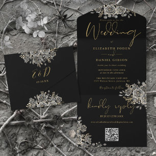 Gothic Black und Gold Rosen QR Code Hochzeit All In One Einladung