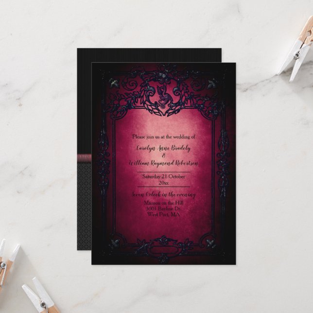 Gothic Black und Ruby Wedding Einladung (Vorderseite/Rückseite Beispiel)