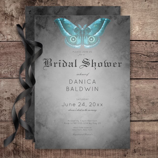 Gothic Black Watercolor Aquamarin Moth Brautparty Einladung (Gothic Black Watercolor Teal Moth Bridal Shower Invitation)