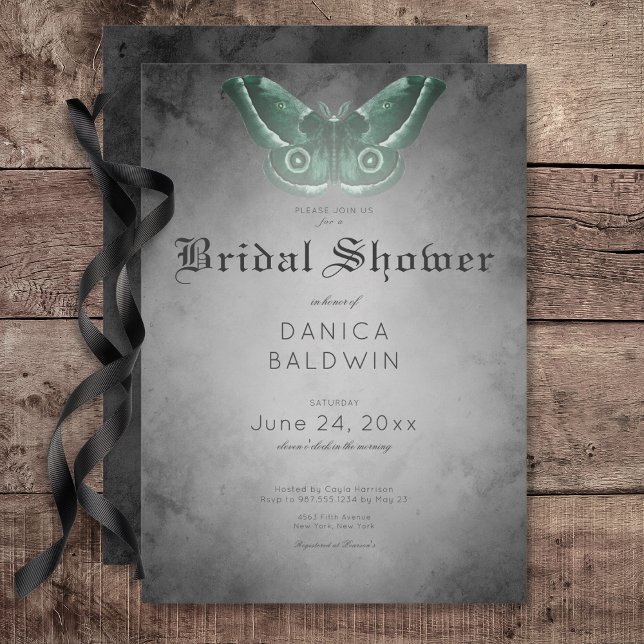 Gothic Black Watercolor Green Moth Brautparty Einladung (Gothic Black Watercolor Green Moth Bridal Shower Invitation)