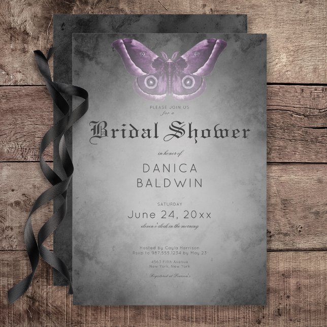 Gothic Black Watercolor Lila Moth Brautparty Einladung (Gothic Black Watercolor Purple Moth Bridal Shower Invitation)