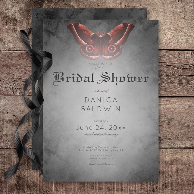 Gothic Black Watercolor Red Moth Brautparty Einladung (Gothic Black Watercolor Red Moth Bridal Shower Invitation)