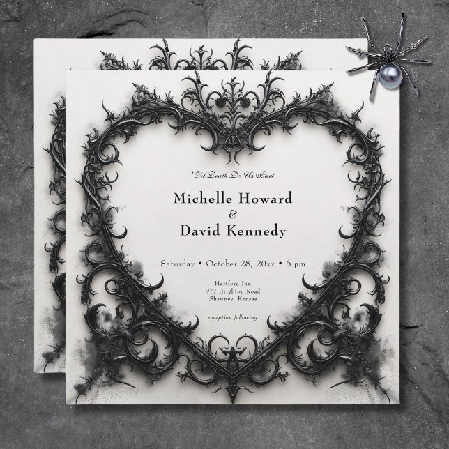 Gothic Black & White Filigree Heart Wedding Einladung (Gothic Black & White Filigree Heart Wedding Invitation)