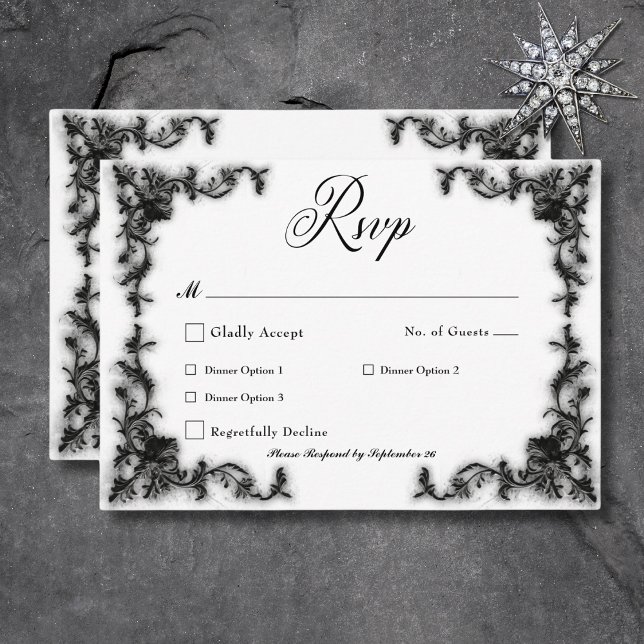 Gothic Black & White Filigree Herzessen RSVP Karte (Gothic Black & White Filigree Heart Dinner RSVP Card)