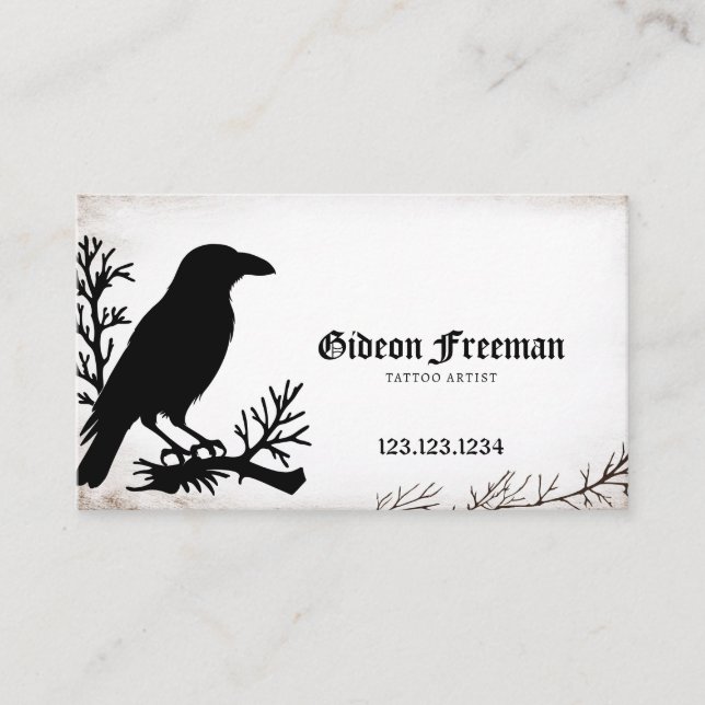 Gothic Black & White Gritty Texture Crow Tattoo Visitenkarte (Vorderseite)
