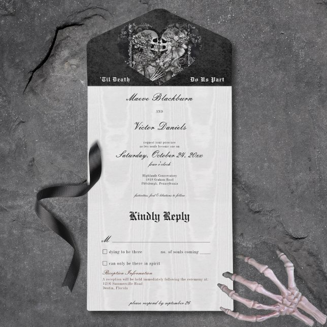 Gothic Black & White Skeleton Paar mit Details All In One Einladung (Gothic Black & White Skeleton Couple with Details All In One Invitation)