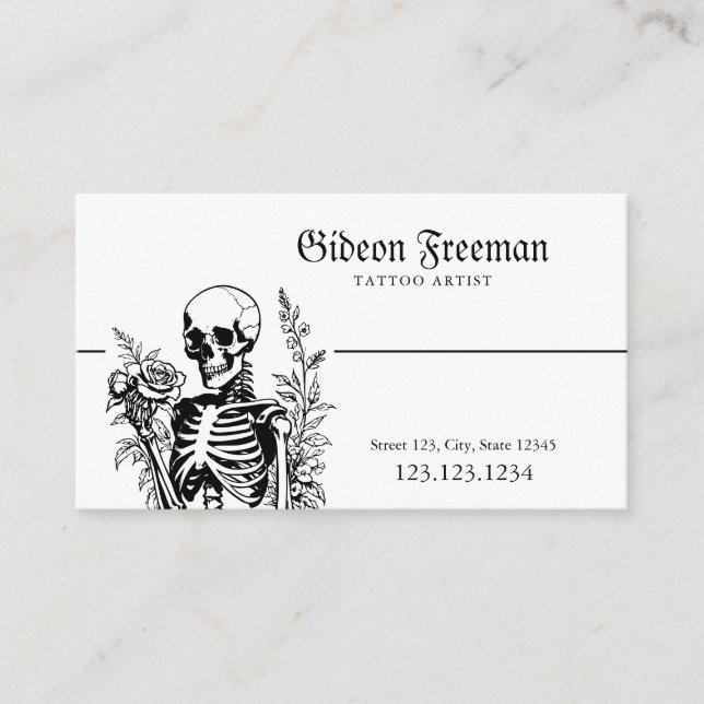 Gothic Black & White Skeleton Tattoo Artist Visitenkarte (Vorderseite)